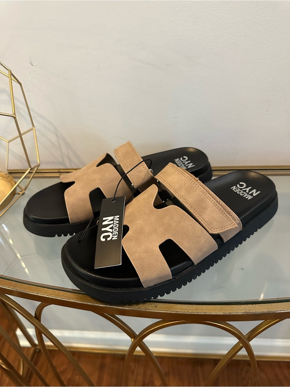 Madden NYC Women’s Tan Suede Slide Sandals with Cutout Strap